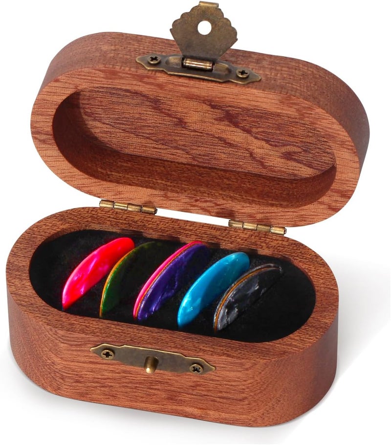 DoubleCare Wooden Guitar Pick Case Set with 12 Celluloid Picks in 3 Thicknesses, Premium Guitar Pick Holder, Mini Jewelry Box, Guitar and Bass Gift - Image 1